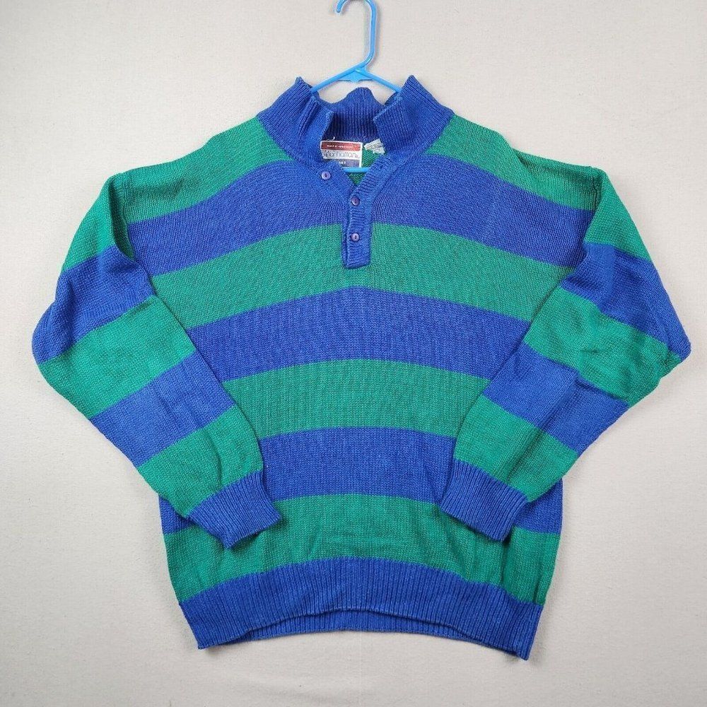 Vintage Manhattan Striped Sport Knit Sweater L Blue Green Ramie Cotton Grunge